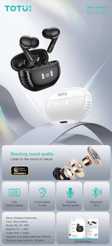 ایرپاد اورجینال TOTU BE-20-TWS با کیفیت Hifi و نمایشگر شارژ