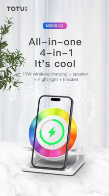 شارژر وایرلس 4 کاره TOTU M6064Q با اسپیکر بلوتوث و چراغ خواب RGB