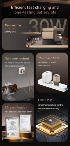 شارژر دیواری فست شارژ توتو 30 وات مدل HC-9-EU با دو خروجی Type-C و USB-A به همراه کابل