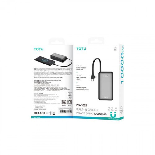 پاوربانک شارژ سریع 10000 میلی آمپر توتو مدل PB-1020 با کابل‌های داخلی