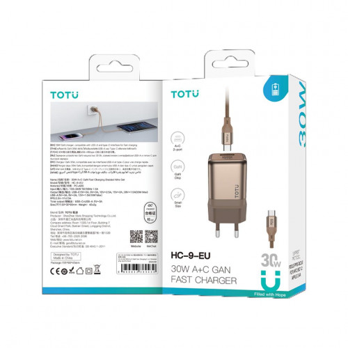 شارژر دیواری فست شارژ توتو 30 وات مدل HC-9-EU با دو خروجی Type-C و USB-A به همراه کابل