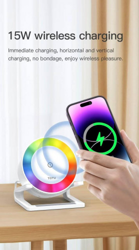 شارژر وایرلس 4 کاره TOTU M6064Q با اسپیکر بلوتوث و چراغ خواب RGB